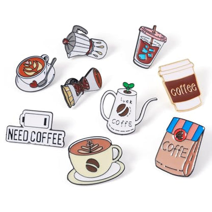 9Pcs Coffee Theme Enamel Pins Coffee Mug Pot Drink Cup Brooch Badges Cute Drink Lapel Badges for Backpacks Bags Hats Clothing Decorative Supplies