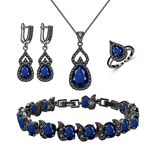 LMXXVJ Women Jewelry Set Platinum Plated Necklace Open Ring Earrings Bracelet Set,Birthday/Anniversary Mother’s Day Jewelry Gifts for Mom/Wife/Sister/Best Friend - color: Black Gun-Blue