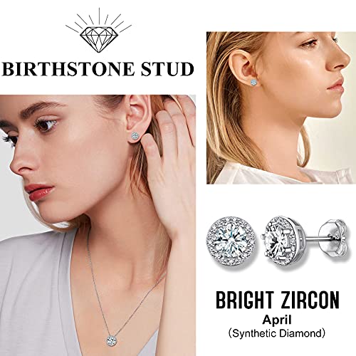 Bestyle Sparkling 925 Sterling Silver Birthstone Stud Earrings for Women, Heart/Round/Teardrop/Square Solitaire Diamond Studs Earrings, Great Birthday/Christmas Gifts - style: 04. White Diamond-April-round