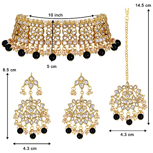 Aheli Elegant Indian Faux Kundan Studded Choker Necklace with Maang Tikka Set Ethnic Wedding Wear Bharatanatyam jewellery set Gift for Women - color: Black