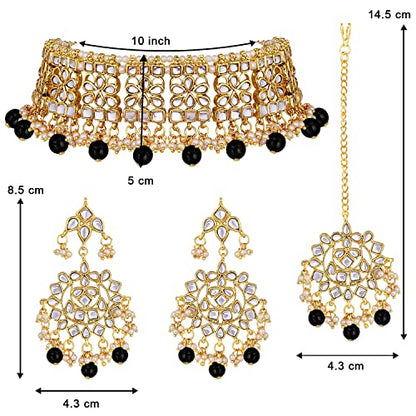 Aheli Elegant Indian Faux Kundan Studded Choker Necklace with Maang Tikka Set Ethnic Wedding Wear Bharatanatyam jewellery set Gift for Women - color: Black