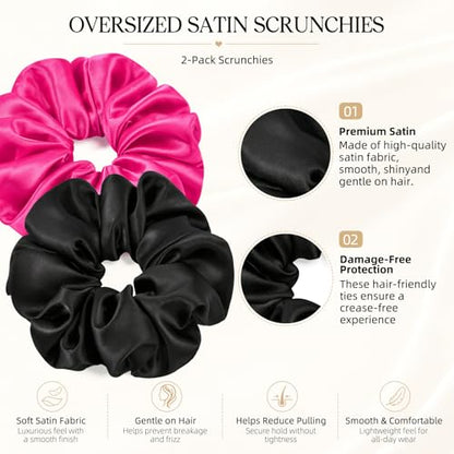 2 PCS Hot Pink Jumbo Satin Silky Scrunchies 6.5 Inches Oversized Scrunchie Extra Large Big Hair Ties Ponytail Holder for Thick Curly Hair Women (Black, Hot Pink) - color: Black, Hot Pink