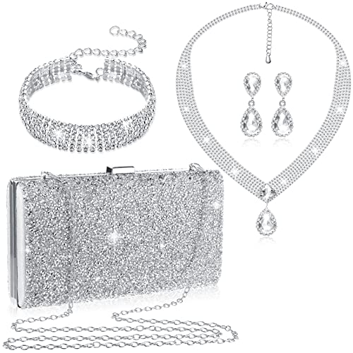 Mixweer 4 Pieces Clutch Purses Bag for Women Evening Rhinestone Jewelry Set Bling Necklace Earrings Bracelets Set for Wedding - style: Fresh Style