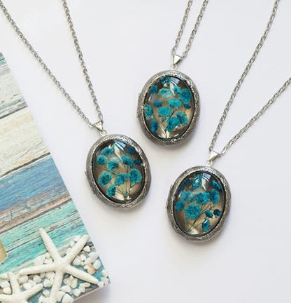 Handmade Oval Shaped Photo Locket with dried Pressed Flowers Locket pendant Necklace - style: Blue Baby's Breath-Silver
