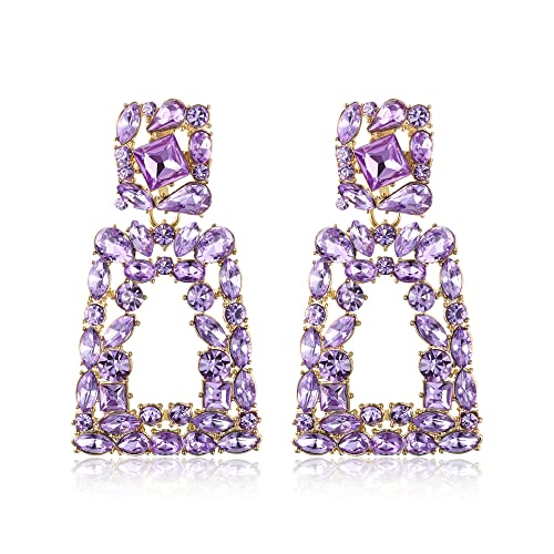 Flyonce Rectangle Clip-on Drop Earrings for Women, Sparkly Rhinestone Crystal Geometric Statement Non Pierced Earring Wedding Prom Party Jewelry for Brides Bridesmaid - color: Lavender Purple