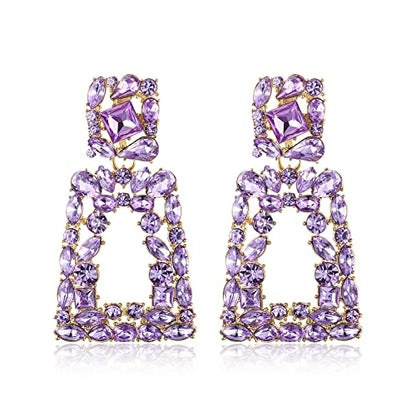 Flyonce Rectangle Clip-on Drop Earrings for Women, Sparkly Rhinestone Crystal Geometric Statement Non Pierced Earring Wedding Prom Party Jewelry for Brides Bridesmaid - color: Lavender Purple