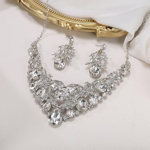 Women's Bohemian Statement Jewelry Set for Bride | Boho Stunning Crystal Teardrop Filigree Leaf Hollow Necklace Dangle Earrings Set for Bridesmaid Bridal Accessories - color: Clear Silver-Tone