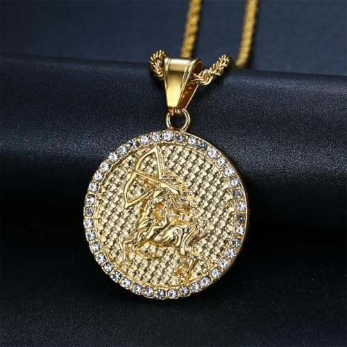 HIJONES Men's Women's Stainless Steel Zodiac Coin Embossed Necklace CZ Astrology Horoscope Pendant Necklace - color: Gold Sagittarius