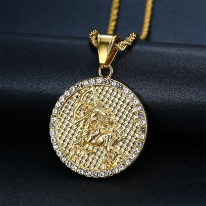 HIJONES Men's Women's Stainless Steel Zodiac Coin Embossed Necklace CZ Astrology Horoscope Pendant Necklace - color: Gold Sagittarius
