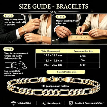 LUCA SMITH Gold Bracelets for Men & Women, 14K Gold Figaro Link Chain Bracelets 6mm Diamond-Cut Figaro Chain Bracelet for Men Hypoallergenic Trendy Dainty Jewelry Gifts Size 7.5in/8in/8.5in - size: 8in