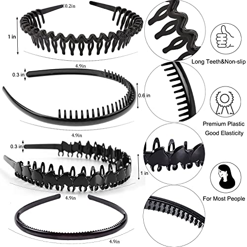 ULTIMUTE 8 PCS Fashion Effortless Plastic Headbands with Teeth Comb Black Skinny Headbands No Slip Hair Accessories Bands for Women Men Teen Girls, Bright Black - color: Bright Black