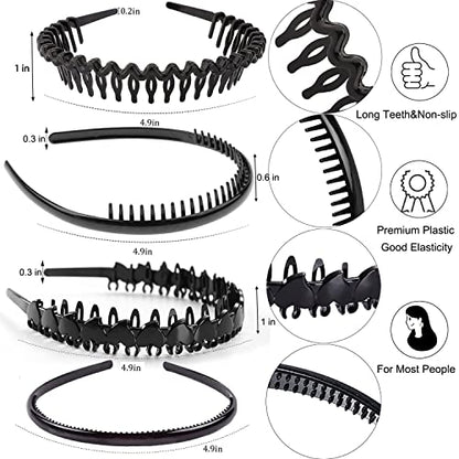ULTIMUTE 8 PCS Fashion Effortless Plastic Headbands with Teeth Comb Black Skinny Headbands No Slip Hair Accessories Bands for Women Men Teen Girls, Bright Black - color: Bright Black