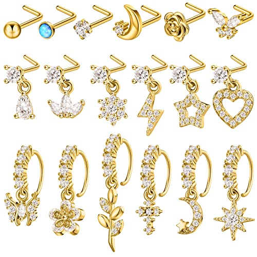 18 Pcs Dangle Nose Ring L Shaped Dangling Nose Stud Nose Ring Hoop Indian Nose Piercing Jewelry with Charm - color: Gold