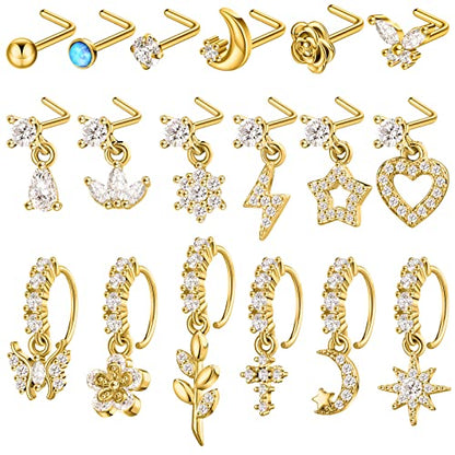 18 Pcs Dangle Nose Ring L Shaped Dangling Nose Stud Nose Ring Hoop Indian Nose Piercing Jewelry with Charm - color: Gold