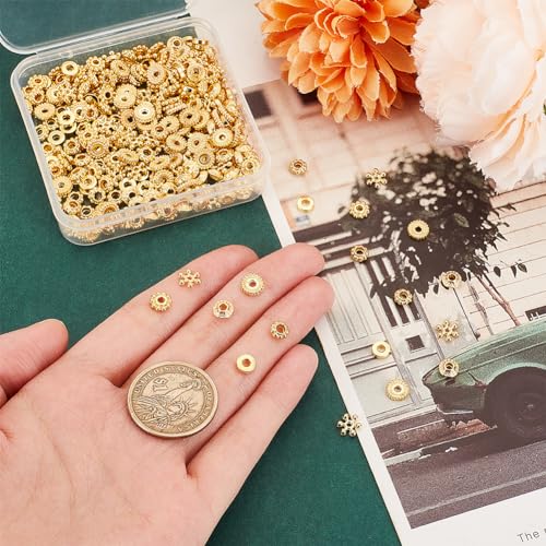 PH PandaHall 300PCS Golden Spacer Beads, 6 Styles Alloy Disc Spacers Donut Bicone Flower Loose Beads Snowflake Gear Jewelry Bead Charm for Bracelet Necklace Earring Jewelry Making Supplies - color: Gold Flower