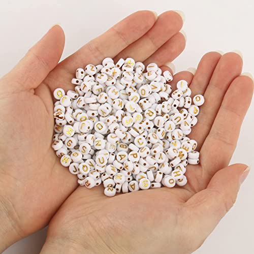 Acrylic Letter Beads Alphabet Gold Letter White Cube Beads for Friendship Bracelets and Gifts Souvenir Jewelry Making(7 * 4mm Round,1000pcs) - color: Gold White(Round)