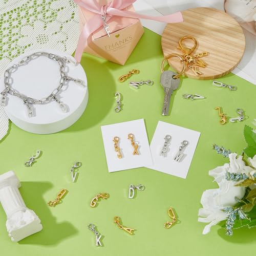 SUPERFINDINGS 104Pcs 2 Colors A-Z Alphabet Letter Charms Initial Letter Charm with Lobster Clasp Alloy Uppercase Letters Pendants for DIY Keychain Chain Bracelets Jewelry Making Craft (Pack of 2) - size: 30mm (Pack of 2)