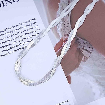 Gold Snake Chain Necklace Double Layer Twist Herringbone Choker Necklace Flat Herringbone Chain Necklace Layered Knot Snake Chain Collar Necklace Jewelry for Women Girls - color: Silver