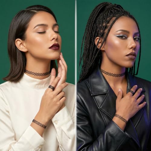 Sibba 9Pcs Tattoo Choker Necklace, Bracelet & Ring Set, 90s Gothic Choker Black Stretch Grunge Necklace for Women Aesthetic Jewelry Clothes Accessories