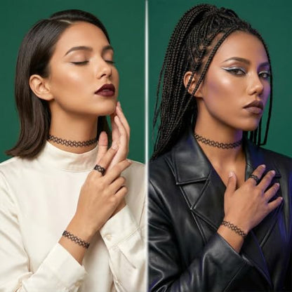 Sibba 9Pcs Tattoo Choker Necklace, Bracelet & Ring Set, 90s Gothic Choker Black Stretch Grunge Necklace for Women Aesthetic Jewelry Clothes Accessories