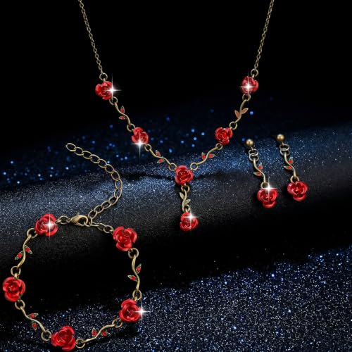 SHENLIU Red Rose Jewelry Set for Women, 3Pcs Rose Pendant Earrings Necklaces Bracelet, Burgundy Jewelry Set for Women's Wedding Prom Valentine Birthday Party (Red and Gold)