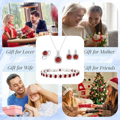 GZWHD Jewelry Set for Women CZ Earrings Necklace Ring Bracelet Set Prom Party Wedding Jewelry Gift for Mother Friend Wife - color: D-Garnet