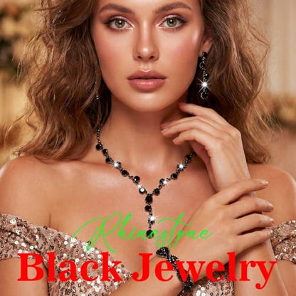 Sixexey Rhinestone Jewelry Set Bridal Necklaces Clip On Earrings Set Wedding Prom Jewelry Accessories for Women - color: Black