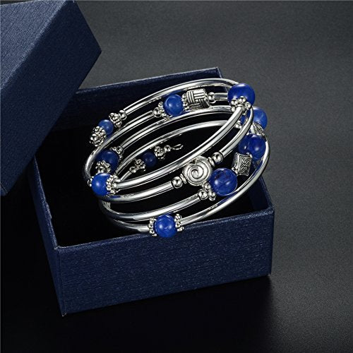 Beaded Pearl Bangle Wrap Bracelet - Fashion Bohemian Jewelry Multilayer Charm Bracelet with Thick Silver Metal Beads, Gift For Women - color: Blue