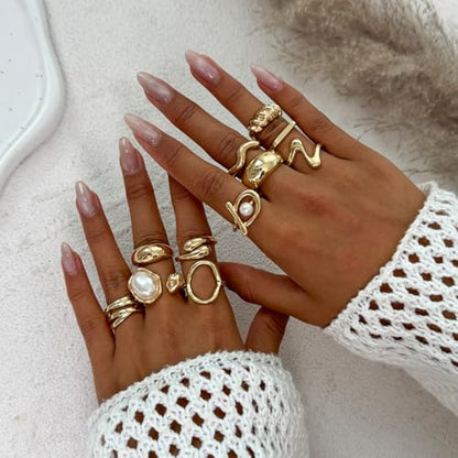 Chunky Gold Rings for Women Non Tarnish, Baroque Pearl Flower Tiger's Eye Stone Rings Adjustable Stacking Statement Rings Set Fashion Jewelry Gifts - style: Small Pearl