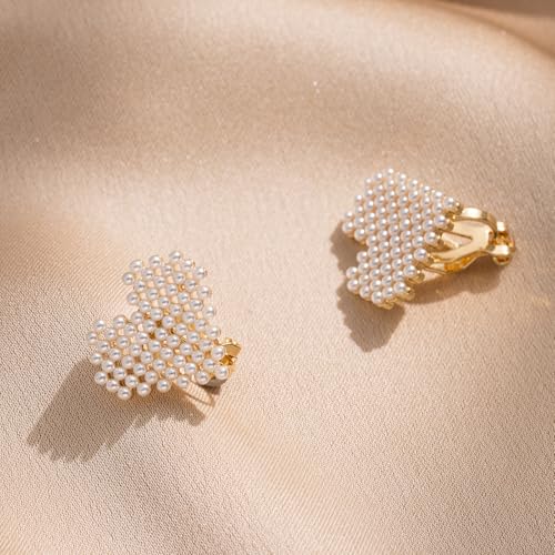 YOQUCOL Simulated Pearl Flower-Cluster Shape Clip On Stud Earrings Non Pierced Ear Earrings for Women - color: Heart-shaped