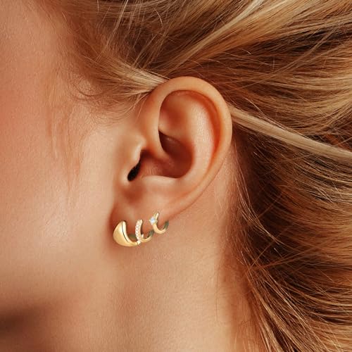 Wgoud Small Gold Hoop Earrings Set for Women, 6 Pairs 14K Gold Plated Hypoallergenic Lightweight Huggie Hoops Earrings, Trendy Cartilage Cubic Zirconia Earrings for Women Gifts. - color: F-Gold hoops