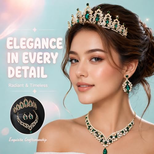 Tiaras and Crowns for Women,Tiaras Earrings Necklace, Crystal Bridal Jewelry Set - color: Green
