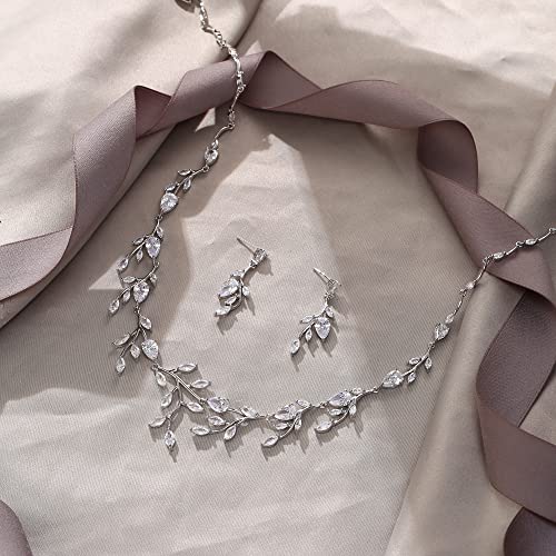Cubic Zirconia Leaf Vine Wedding Jewelry Set for Bride Women Bridesmaid | Pear-Shaped Birthstone, Necklace Dangle Earrings for Bridesmaid, Silver-Plated-Brass - color: 2pcs_Clear Silver-Plated-Brass