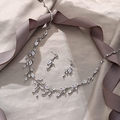 Cubic Zirconia Leaf Vine Wedding Jewelry Set for Bride Women Bridesmaid | Pear-Shaped Birthstone, Necklace Dangle Earrings for Bridesmaid, Silver-Plated-Brass - color: 2pcs_Clear Silver-Plated-Brass