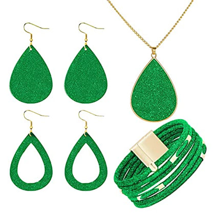 4 Pieces Faux Leather Earrings Necklace Bracelet Set 4 Pieces Christmas Plaid Stripe Jewelry Set Multi-Layer Leather Bracelet, Dangle Leather Earrings Necklace Glitter Jewelry Set for Women - color: green