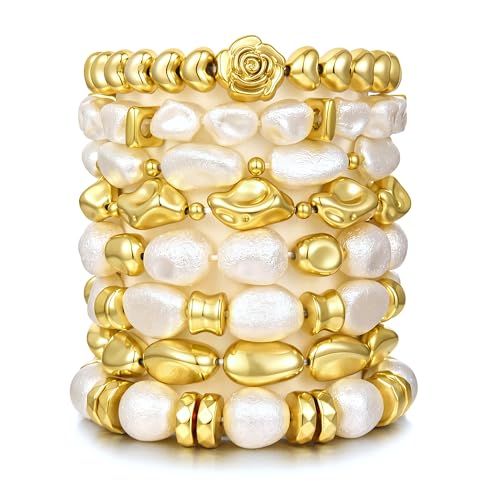 BROCC 8PCS Gold Beaded Bracelets for Women Simulated Pearl Beaded Bracelets | Simulated Pearl Beaded,Lightweight Feel,Durable Elastic Cord Design,Comfortable Fit for Most Wrists,Stylish and Versatile