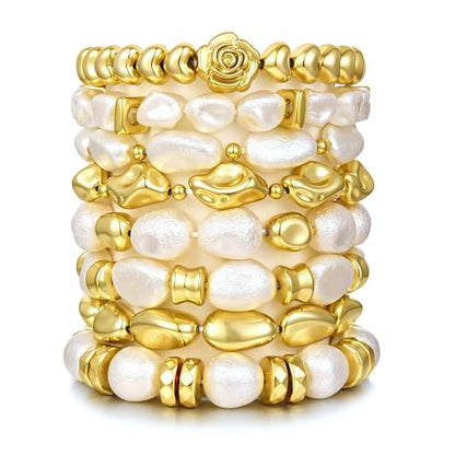 BROCC 8PCS Gold Beaded Bracelets for Women Simulated Pearl Beaded Bracelets | Simulated Pearl Beaded,Lightweight Feel,Durable Elastic Cord Design,Comfortable Fit for Most Wrists,Stylish and Versatile