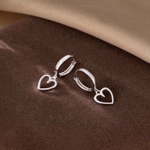 Reffeer Solid 925 Sterling Silver Heart Drop Earrings Hoop for Women Teens Heart Hoop Earrings Huggie Drop Earrings - color: A-Silver