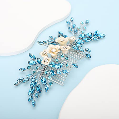 Bridal White Flower Light Blue Crystal Rhinestone Hair Comb for Bride Bridesmaid Sliding side Headpieces Wedding Hair Accessories for Women and Girls (Blue 1) - color: Blue 1