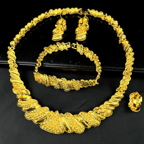 Fashion Crystal Jewelry Set For Women 18 K Gold Plated Jewelry Wedding Bride Dubai Gold Necklace Earrings Bracelet Ring 4 Pieces Set - color: S-709