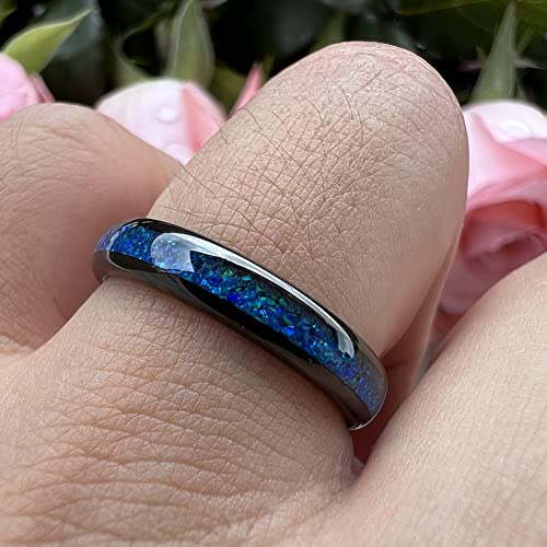 TUTISS 4mm Silver/Black Tungsten Rings for Women Men Engagement Wedding Bands Genuine Blue Green Galaxy Opal Inlay Domed Polished Comfort Fit - color: 4mm Black Tungsten Blue Opal
