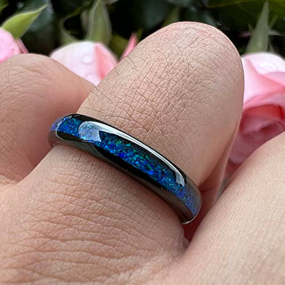 TUTISS 4mm Silver/Black Tungsten Rings for Women Men Engagement Wedding Bands Genuine Blue Green Galaxy Opal Inlay Domed Polished Comfort Fit - color: 4mm Black Tungsten Blue Opal