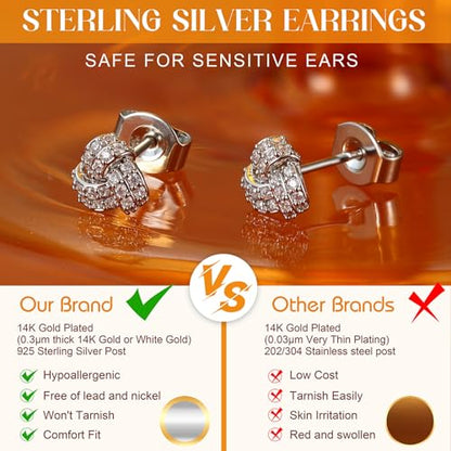 SAILIMUE Hypoallergenic Sterling Silver Stud Earrings for Women Men | Brilliant Heart Knot Round Cubic Zirconia Earring Studs for Sensitive Ears Gold Silver Tone - color: silver-C