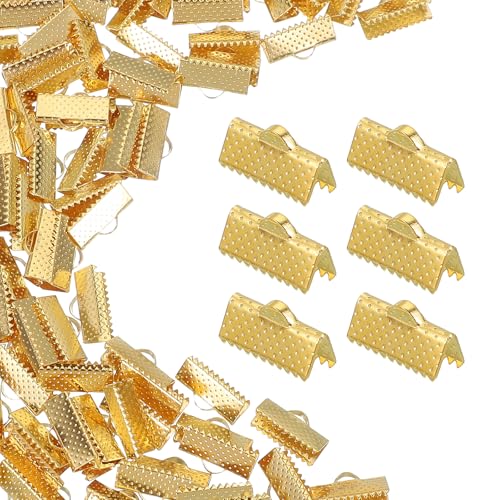 uxcell 200Pcs Ribbon Ends, 16mm Ribbon Crimp Clamp End Bookmark Leather Pinch Crimps Cord Ends, Foldable Clasps Crimp End for Necklace Bracelet DIY Craft Making, Gold - color: Gold, size: 16mm