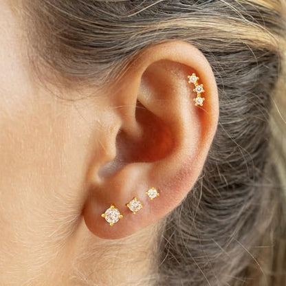Stud Earring for Women, 14K Gold Silver Plated Hypoallergenic Studs Set | Trendy Cartilage Tragus Helix Clover Flower Earring Stack for Multiple Piercing, Dainty Cute Small Jewelry Gift, Non Tarnish - style: GD-CZ/Climbers-4 Pairs