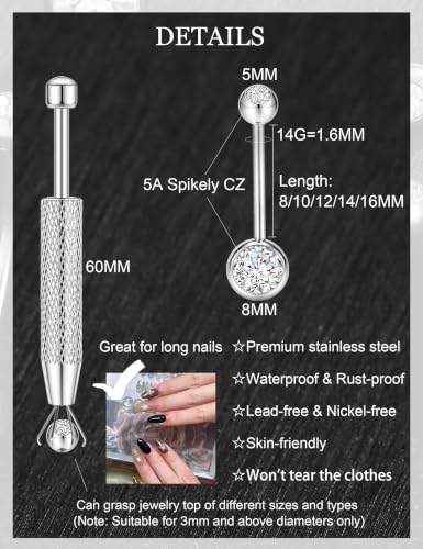 Long Belly Button Rings, Navel Piercing Jewelry for Women | 16mm 14mm 12mm 10mm 8mm Stainless Steel Extral Long Bar 14G - size: 14MM