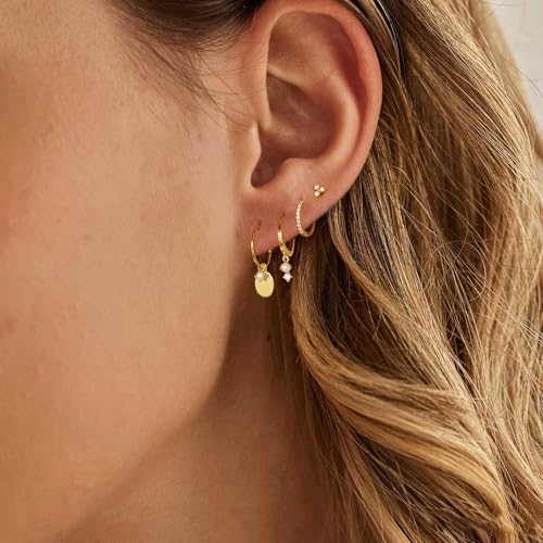 Gold Plated Earrings for Women, 14k Gold Plated Earring Stack Hypoallergenic Pearl Drop Earring Dainty Earrings for Women Trendy Cute Small Huggie Hoop Earring Fashion Womens Jewelry - color: SET7