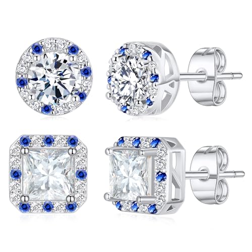 Titanium Stud for Sensitive Ears, Gold Plated Halo Cubic Zirconia Earrings - color: Round & Square White Stud