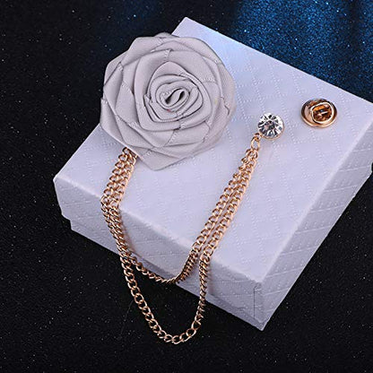 Fashion Bridegroom Wedding Brooches Cloth Art Hand-Made Rose Flower Brooch Lapel Pin Badge Tassel Chain Men's Suit Accessories - color: White