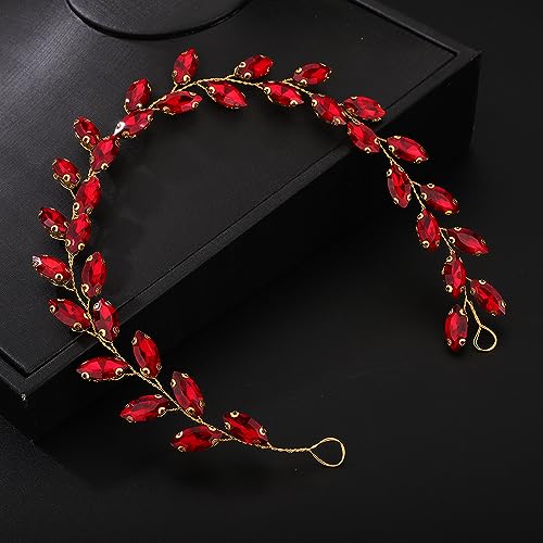 Teyglen Bride Wedding Crystal Hair Vine Headband - Bridal Accessories Handmade Rhinestone Headpiece for Women and Girls (Red) - color: Red